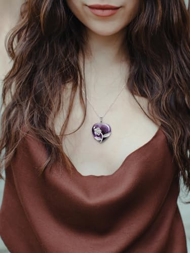 Jovivi Amethyst Crystal Heart Necklace Rose Flower Wrapped Love Heart Gemstone Healing Stone Pendant Necklaces Natural Spiritual Quartz Jewelry for Women Valentines Birthday Gifts