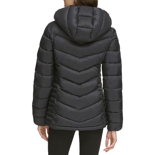 DKNY Women's Puffer, Light-Weight Hooded Black