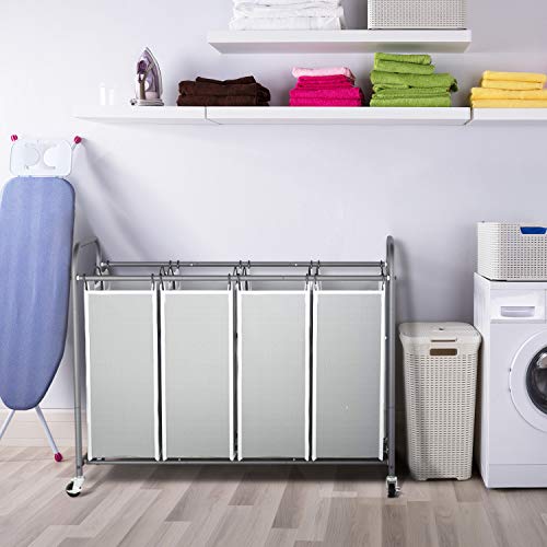 ROMOON Laundry Sorter, 4 Compartment Laundry Hamper with Heavy Duty Rolling Lockable Wheels, Laundry Basket Organizer with Removable Bags for Dirty Clothes Storage, Black