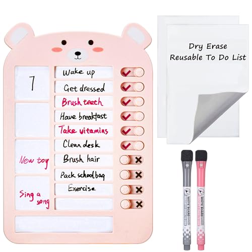 Mornajina 5.7 x 8.5 Inch Bear Chore Chart for Kids Portable, Reusable Dry Erase Checklist Board to Do List with 2 Markers, Kids Chores Chart for Home Travel Routine Planning (Pink)