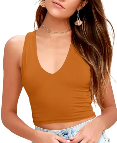 CYVESOULA Women's V Neck Sleeveless Racerback Basic Crop Tank Top Workout Shirt Fitted Crop Top Tee Shirts (Brown, XS)
