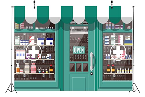 CORFOTO 5x3ft Fabric Facade Pharmacy Store Backdrop Storefront Shop Building Background Various Medicines on The Shelf Decorations Pharmacy Themed Party Backdrop Photoshoot Studio Booth Props