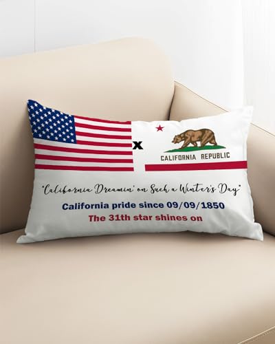 4th of July California Pillow Cover 12x20 - Patriotic Golden Bear on State Flag Design, Celebrates American Independence, Perfect for Memorial Day, California Dreamin' Home Decor