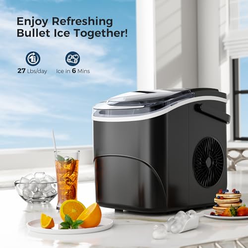 AGLUCKY Ice Makers Countertop, Portable Ice Maker Machine with Handle,26.5lbs/24Hrs, 6Mins/9Pcs Bullet Ice,Self-Cleaning Countertop Ice Maker with Ice Scoop for Home & Kitchen(Stainless Steels Black)