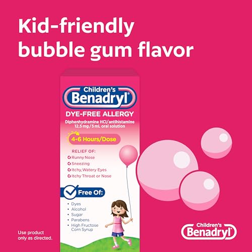 Benadryl Children's Dye-Free Allergy Liquid Medication with Diphenhydramine HCl, Antihistamine Allergy Relief Medication for Kids, Alcohol-Free, Bubble Gum Flavor, 4 fl. oz