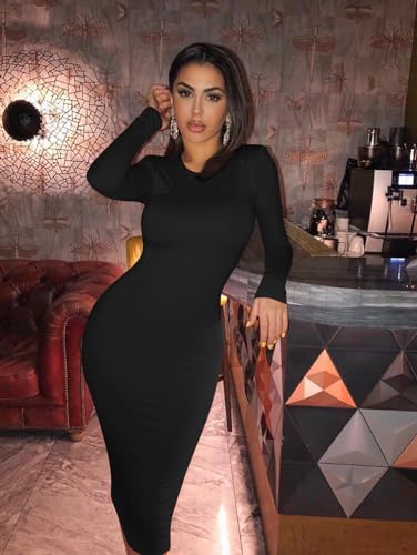 XXTAXN Women's Sexy Bodycon Long Sleeve Round Neck Work Office Midi Pencil Dress Black