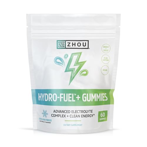 Zhou Nutrition Hydro-Fuel Plus - Electrolyte Gummies - Advanced Electrolyte Complex Plus 75 mg of Caffeine - Clean Energy Supplements - Vegan, 20 Servings, 60 Gummies