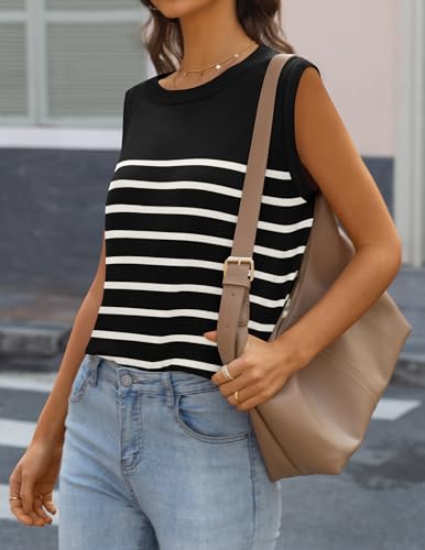 MIROL Women's Sleeveless Striped Tank Tops 2024 Summer Crewneck T-Shirts Basic Knit Casual Loose Blouse Black