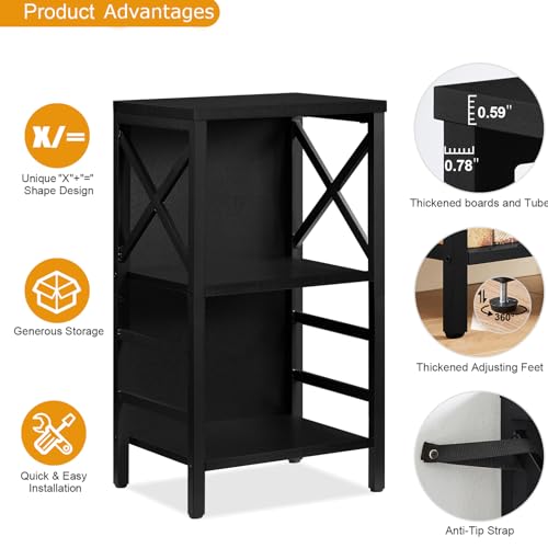 MNEETRUNG Small Bookcase,3 Tier Industrial Short Bookshelf with Metal Frame and Backboard,Low Black Bookshelf, Small Office Book Shelf for Small Spaces, Living Room, Bedroom and Home Office