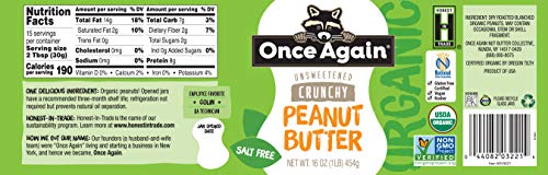 Once Again Organic Crunchy Peanut Butter, 16oz - Salt Free, Unsweetened - USDA Organic, Gluten Free Certified, Vegan, Kosher - Glass Jar