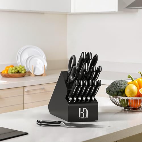 KnifeSaga Knife Set, 15 Pcs Knife Block Set, Enduring Razor-Sharp Japanese High Carbon Stainless Steel Kitchen Knife Set, Premium Forged Knife Set for Kitchen and Professional Chefs, Black