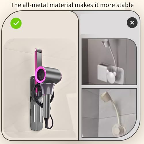 Blissfuhue Adjustable blow dryer holder wall mounted storage，Hands-Free bathroom blow dryer holder，height angle，metal material Compatible with 90% hair dryer hanger, suitable for countertop use