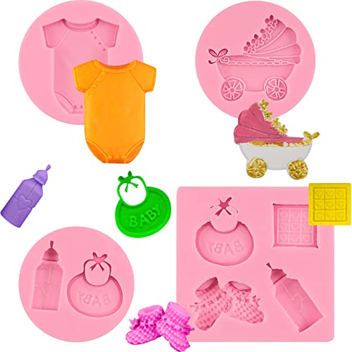 Baby Showers Fondant Molds 4pcs, Baby Stroller Cake Decorating Silicone Molds Kitchen Baking Tools for Chocolate Candy, Bread, Cookies, Mousse, Soap, Epoxy, Clay, Candles