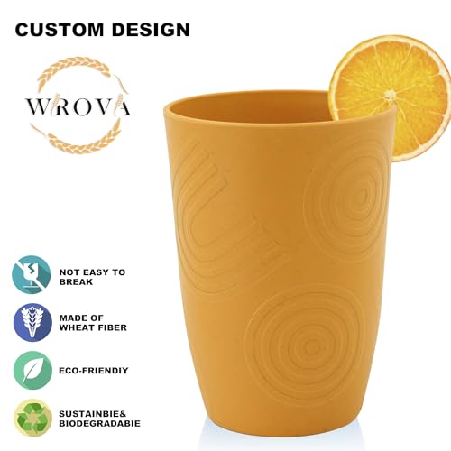 Wrova Wheat Straw Cups 16oz set of 6 with Etched Pattern - Alternative Plastic Cups Dishwasher Safe - Plastic Drinking Cups Unbreakable for Kids - Banana Yellow