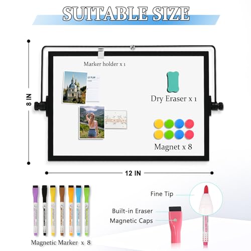 AMUSIGHT Dry Erase Magnetic White Board, 8" x 12" Black Aluminum Frame Double-Sided Desktop Whiteboard with Stand, Portable Small Whiteboard Set for Drawing, Office, Home, School