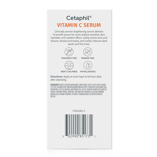 Cetaphil Vitamin C Serum, Visibly Reduces Look of Dark Spots and Hyperpigmentation, Formulated with Niacinamide, Designed for Sensitive Skin, Fragrance Free, Dermatologist Tested, 1oz