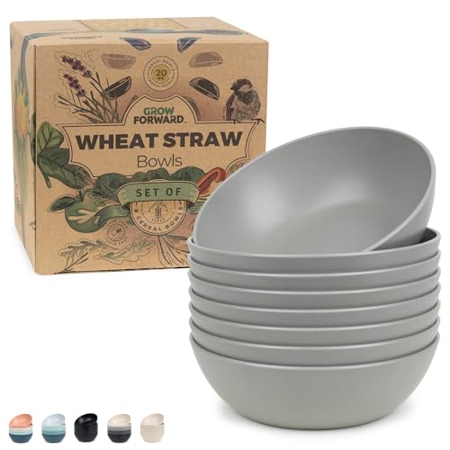 Grow Forward Premium Wheat Straw Bowls Set of 8 - Reusable 20oz Hard Plastic Cereal Bowls - Unbreakable Microwave Safe Bowls for Kitchen, Camping, RV, Dessert, Soup, Salad, Ramen, Eating - Feather