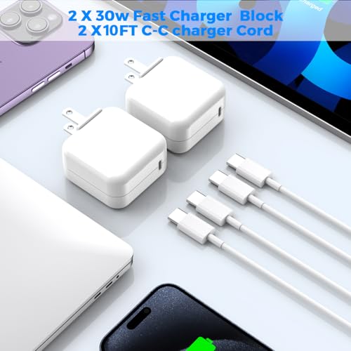 USB C Charger for MacBook Air MacBook Pro 13 14 15 16 inch,M1 M2 M3 Apple Laptop Charger,2Pack 30W USB C Power Adapter for iPad,iPhone 15 Pro Max,10FT Extra Long USB-C Cable MacBook Pro/Air,iPad Pro