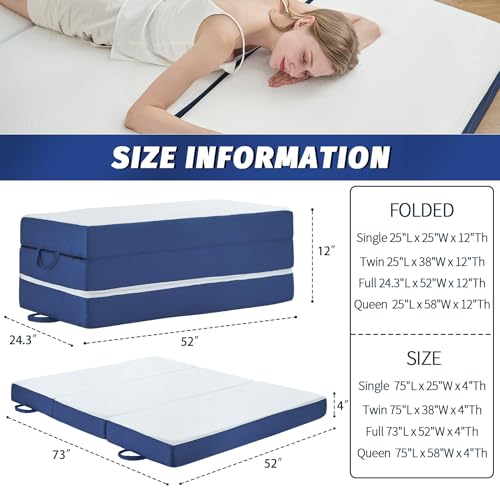 CYMULA Folding Mattress Full Size,4 inch Memory Foam Tri Fold Mattress,Portable Folding Mattress with Washable Cover, Foldable Mattress Topper Full Camping,Guest (52"×73"×4")