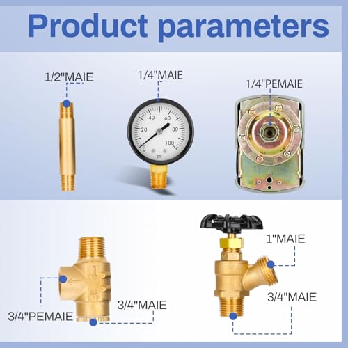 Upgrade 1"x 11"Well Pressure Tank Tee Kit with Union for Water Well Pressure Tank, Well Tank Tee Kit with 30-50Psi Pressure Switch, Pressure Tank Tee for Well Pressure Tank with Diameters Up to 16"