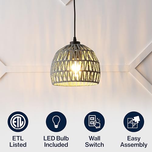 JONATHAN Y JYL6512D Campana 8.25" 1-Light Bohemian Modern Woven Rope/Iron LED Pendant Farmhouse, Coastal, Transitional, Kitchen, Living Room, Hallway, Bedroom, Dining Room, Gray