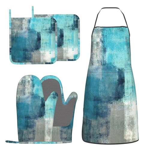 BOKEKANG Modern Art Abstract Gery Turquoise Oven Mitts and Pot Holders With Apron Set of 5 Silicone Teal Kitchen Mitten Gloves and Non-Slip Teal Potholders Cooking Apron Set Heat Resistant for Kitchen