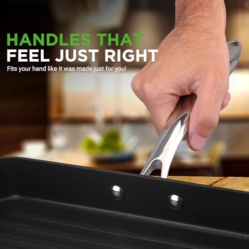 NutriChef 11" Square Grill Pan Non Stick - High Ridges, Hard-Anodized, Stove Top Griddle, Strong Handles, Dishwasher Safe