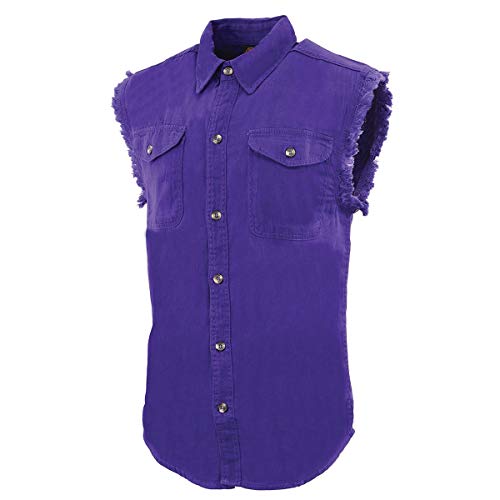 Milwaukee Leather DM1006 Men's Purple Lightweight Denim Shirt with with Frayed Cut Off Sleeveless Look - Small