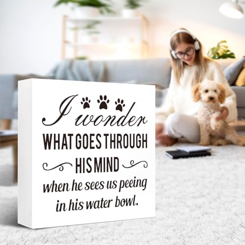 Dog Lover Desk Decor,I Wonder What Goes Through His Mind Wood Box Sign,Dog Mom Dog Dad Gifts,Gifts for Dog Lovers,Funny Dog Signs for Home Decor