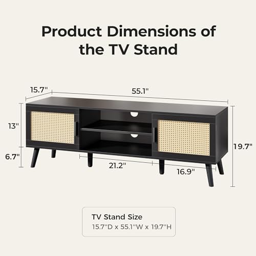 SUPERJARE 65 Inch TV Stand, Entertainment Center with Adjustable Shelf, Rattan TV Console with 2 Cabinets, Media Console, Solid Wood Feet, 4 Cord Holes, for Living Room, Black