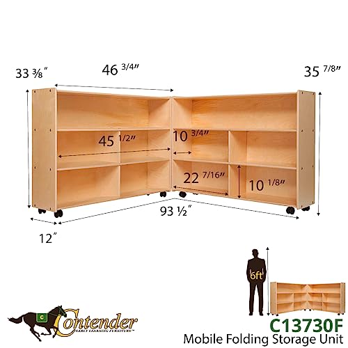 Contender Fully Assembled Folding Mobile Storage Organizer for Daycare Classroom Preschool, Wood Furniture on Rolling Casters with 4 Shelves for Toys, Puzzles, Books (Made in USA)