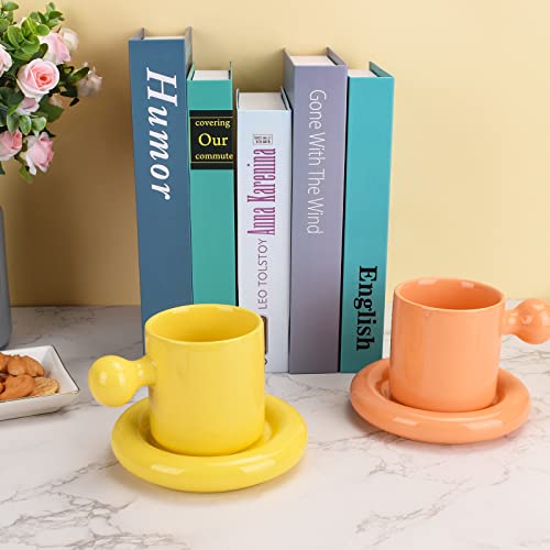 Koythin Ceramic Coffee Mug, Cute Mug Ball Handle with Saucer for Office and Home, Creative Cup with Comfortable Handle, 10 oz/300 ml for Latte Tea Milk (Candy Orange)