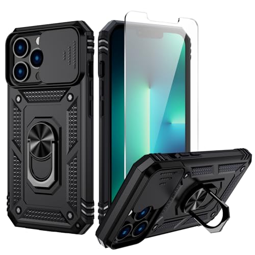 Vinve for iPhone 13 Pro Case, Slide Lens Cover, HD Screen Protector, Military Grade Drop Protection, Magnetic Rotated Ring Holder Kickstand Phone Case,Black