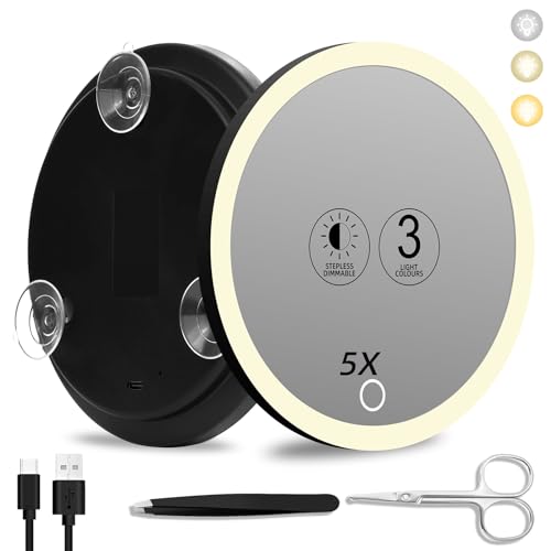 Suupvaor 5X Magnifying Mirror with Light, 3 Color Modes Dimming, Large 6" Rechargeavble Magnified Makeup Mirror with 5X Magnification, LED Lighted Travel Magnifying Mirror with 3 Suction Cups