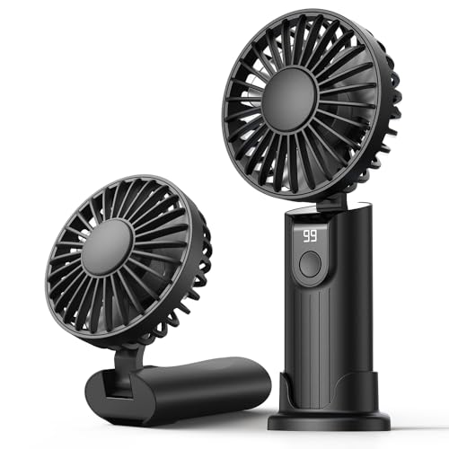 Warmco Portable Handheld Fan, 5000mAh Battery Operated Fan with LED Display, Hand Held/Neck/Desk 3 in 1 Small Personal Mini Fan 180° Foldable USB Rechargeable Fan for Travel,Outdoor,Home,Office,Makeup