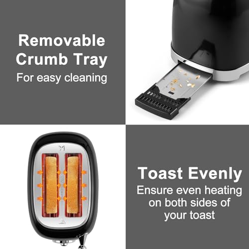 CUSIMAX Toaster 2 Slice with Extra Wide Slots for Bagels, Stainless Steel Toaster with 6 Toast Settings and 4 Functions, Bagel, Cancel, Defrost & Reheat, Removable Crumb Tray, Retro Toaster Black