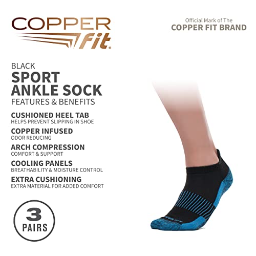 Copper Fit Unisex Adult Ankle Length Sport Socks, Black, Small-Medium US