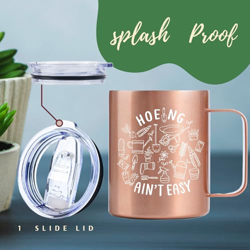 Onebttl Gardening Gifts for Women, Plant Lover Gifts for Gardening Lovers, Gardeners, Wife, Mom, 12oz Stainless Steel Coffee Mug Rosegold - Hoeing Ain't Easy