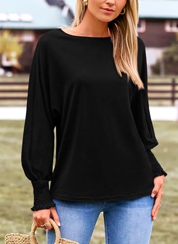 PRETTYGARDEN Women's 2024 Fall Fashion T Shirts Puff Long Sleeve Crewneck Casual Basic Tee Tops Blouses (Black,Small)