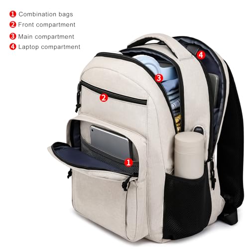 LIBENED School Backpacks for Teens Boys and Girls, Laptop Teens backpack with USB Charging Port, 15.6 Inch Water Resistant Mochila for Work, College, Beige