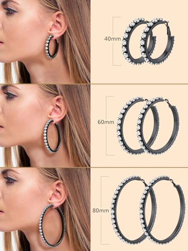 Black Hoops Earrings for Women Stainless Steel Cubic Zirconia Small Round Earrings Trendy Ear Circle Jewelry