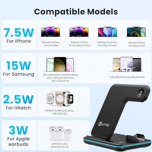 WAITIEE Wireless Charger 3 in 1, 15W Fast Charging Station for Apple Watch 9/8/Ultra 2/Ultra/SE/7/6/5/4/3/2, for AirPods 3/2/Pro/Pro 2, for iPhone 15/14/13 /Plus/Pro/Pro Max/12/11/X/Xr/XS/8 (White)