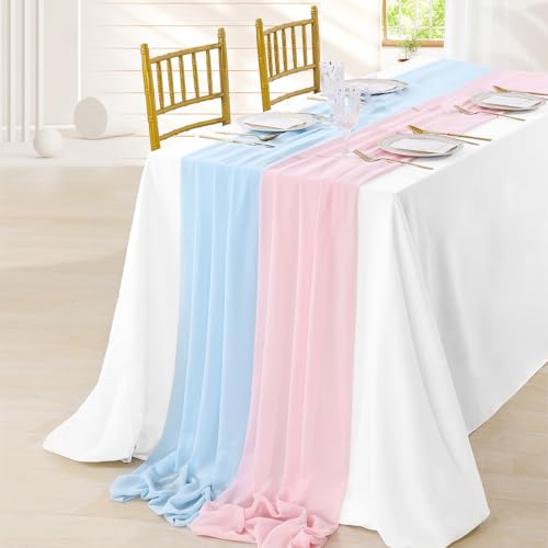 Blue Chiffon Table Runner 27x120 Inches 1 Piece Romantic Sheer Fabric for Birthday Party Baby Shower Cake Table Decoration