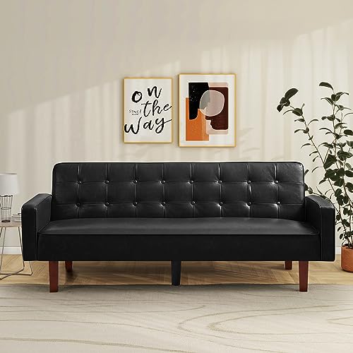 IULULU Futon Sofa Bed, Modern Convertible Faux Leather Sleeper Couch with Armrests for Studio, Office, Apartment, Compact Living, Game Room, Overnight Guests, Brown