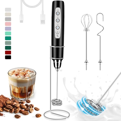 ODIFORGOO Rechargeable Milk Frother Handheld with Stand, Electric Foam Maker Coffee Frother Wand, Detachable With 3 Stainless Whisks, Drink Mixer for Lattes, Cappuccino, Matcha, Egg, Black