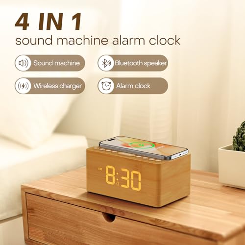 ANJANK Wooden Sound Machine Alarm Clock for Bedroom, Bluetooth Speaker, 20 Soothing Sounds, 0-100% Dimmer, Wireless Charging Station for iPhone/Samsung, Sleep Timer, White Noise Machine for Sleeping