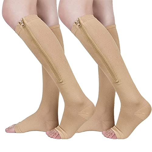 2 Pairs Zipper Compression Socks 15-20 mmHg for Men Women, Open Toe