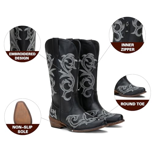 Jeossy Women's 9808 Whisky Cowboy Boots for Women, Round Toe Cowgirl Boots, Western Embroidered Mid High Wide Calf Chunky Pull on Boot with Inner Zipper Size 6(DJY9808 Whisky 06)