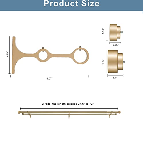 Heavy Duty Double Curtain Rods with Cylindrical Cap Finials - 36 to 72' Telescoping Rods, 1 Inch and 5/8 Inch Diameter, Light Gold