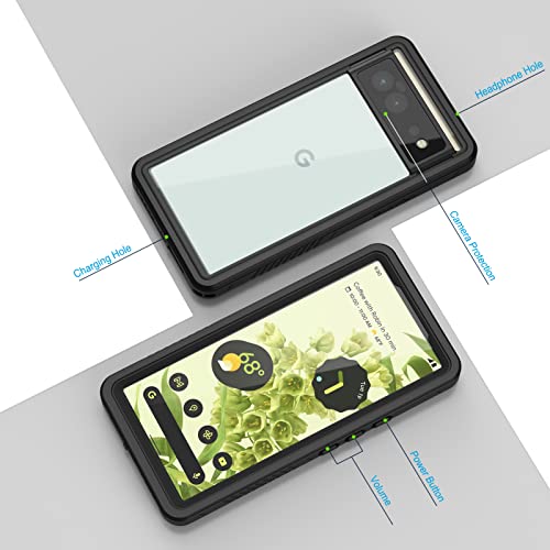 Lanhiem for Google Pixel 6 Case, IP68 Waterproof Dustproof with Built-in Screen Protector, Heavy Duty Full Body Protective Phone Case for Pixel 6, Black/Clear